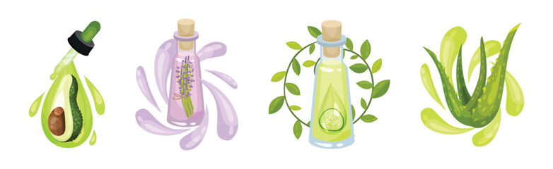 Cosmetic and Essential Oil with Pipette Drop and Vial Vector Set