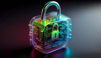 AI Generative illustration of a Creative Photo of Holographic Neon Padlock: The Cyber Security Symbol of the Future