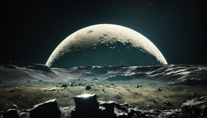 AI Generative illustration of a Creative Photo of Exploring the Rocky Surface of an Exoplanet's Moon. 