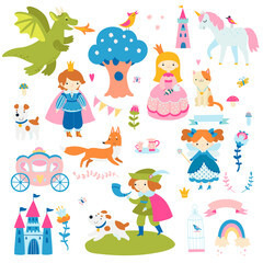 Obraz na płótnie Canvas Vector flat set of fairytale characters and objects. Cartoon princess, prince, castle, dragon, unicorn and other details for children's design. Fairy tale icons collection.