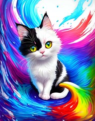 Gatto bianco e nero su sfondo bianco e con splash di vernice colorata