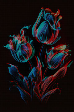 Glitched glowing neon tulips. Abstract glitch background. Cyberpunk wallpaper in a style of 80's. Futuristic concept. EPS 10. Creative graphic design for poster, brochure, flyer and card.