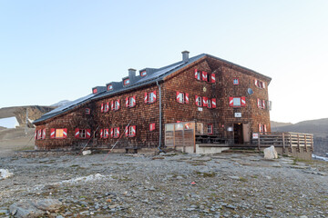 Alpine hut Oberwalderhütte on mountain Großer Burgstall in Glockner Group, Austria