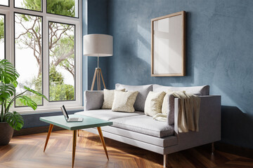 cozy living room interior in a room corner; sunlight shining trough window; floorlamp and couch table with modern laptop; canvas with copy space; home decoration concept; 3D Illustration