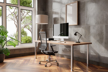 comfortable workplace with pc standing on wooden desk in office at home; bright sunlight shines through large window; wall; with canvas copy space;  remote work freelance concept; 3D Illustration