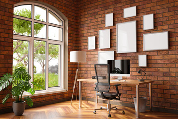 comfortable workplace with pc on wooden desk in office at home; bright sunlight from side large window and wall; canvas copy space;  remote work freelance; 3D Illustration