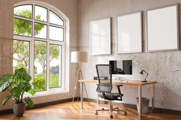 comfortable workplace with pc on wooden desk in office at home; bright sunlight from side large window and wall; canvas copy space;  remote work freelance; 3D Illustration