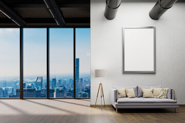 large urban skyline loft office with white wall canvas and cozy vintage couch; copy spacepanoramic window skyline view, 3D Illustration