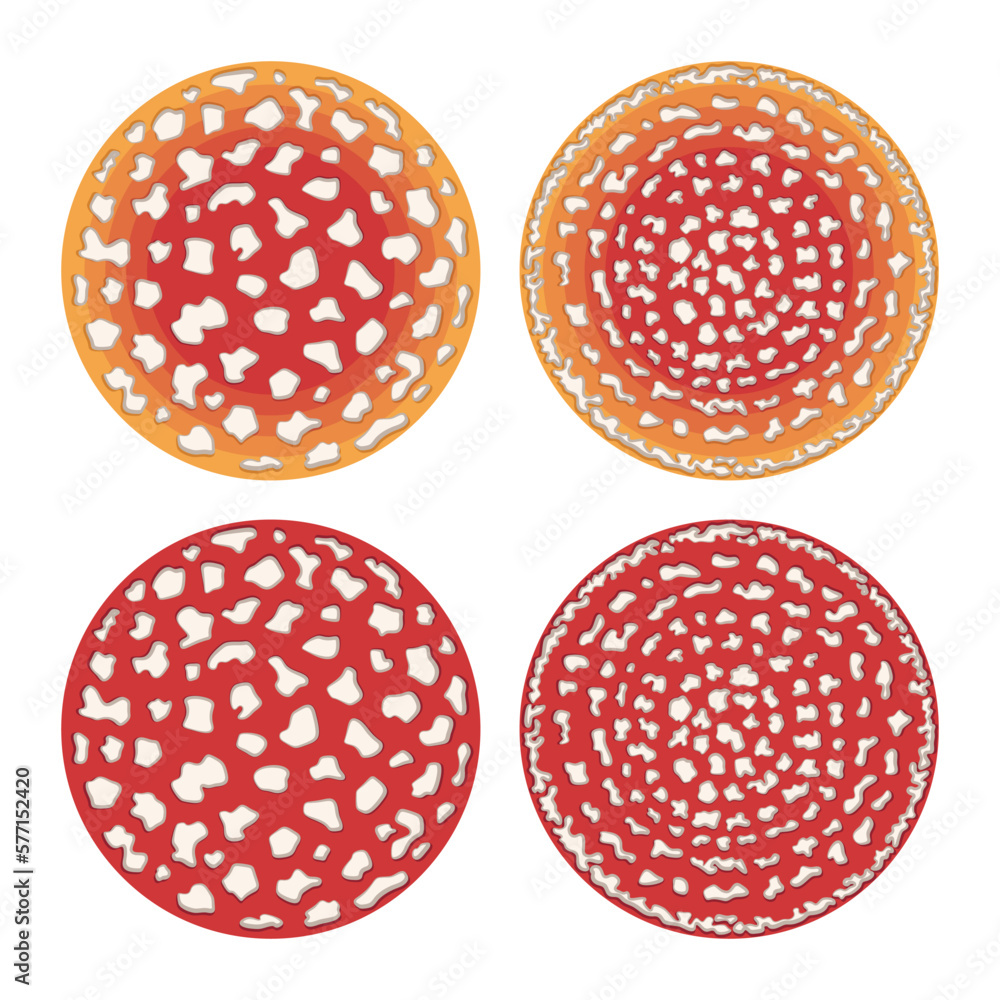Poster set of color illustration with fly agaric mushroom caps. isolated vector objects on white background