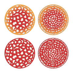 Set of color illustration with fly agaric mushroom caps. Isolated vector objects on white background.