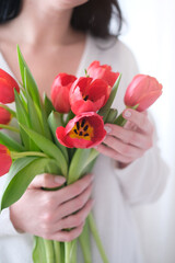 International Womens Day.Close-up of a woman in a white sweater with a bouquet of red tulips