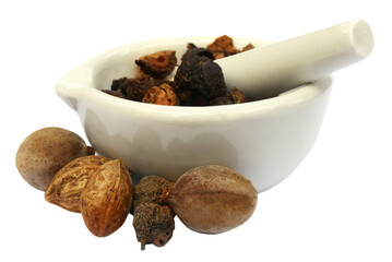 Triphala, a combination of ayurvedic fruits with mortar and pestle