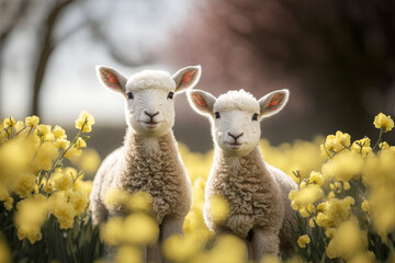 Fototapeta premium A cute baby spring lamb in a field of spring flowers. Generative ai