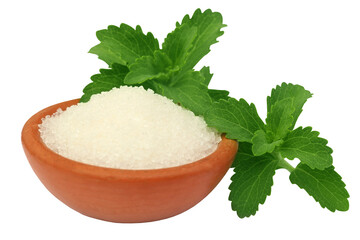 Stevia with sugar on a brown bowl