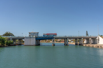 Varadero, Cuba - Feb. 23, Lifting bridge spanning the "Laguna de Paso Malo" connects the peninsula Varadero with city of Santa Marta in the Matanzas district. Traffic is crossing the bridge