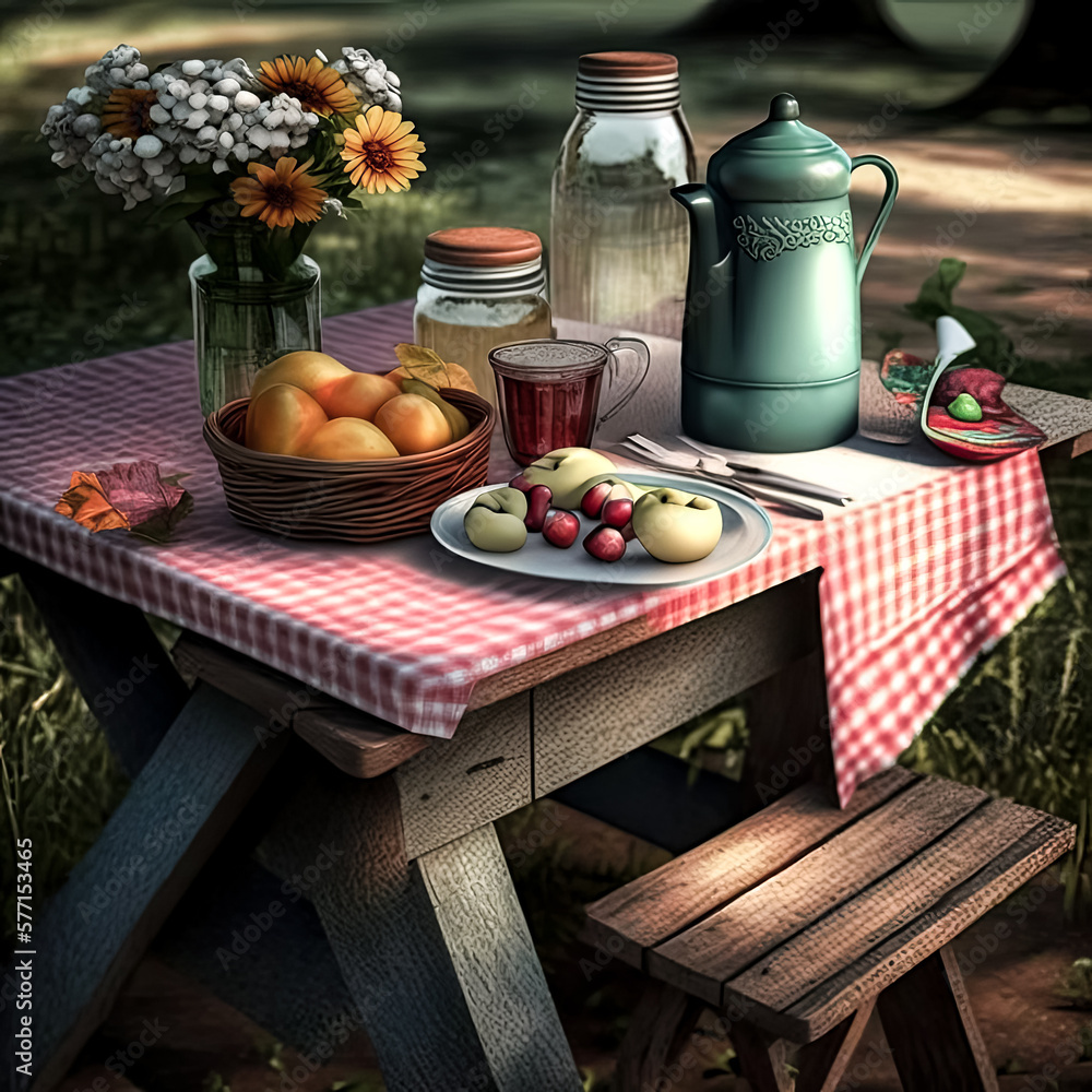 Poster an empty picnic table sits in a grassy field, its red and white checkered cloth fluttering in the wi