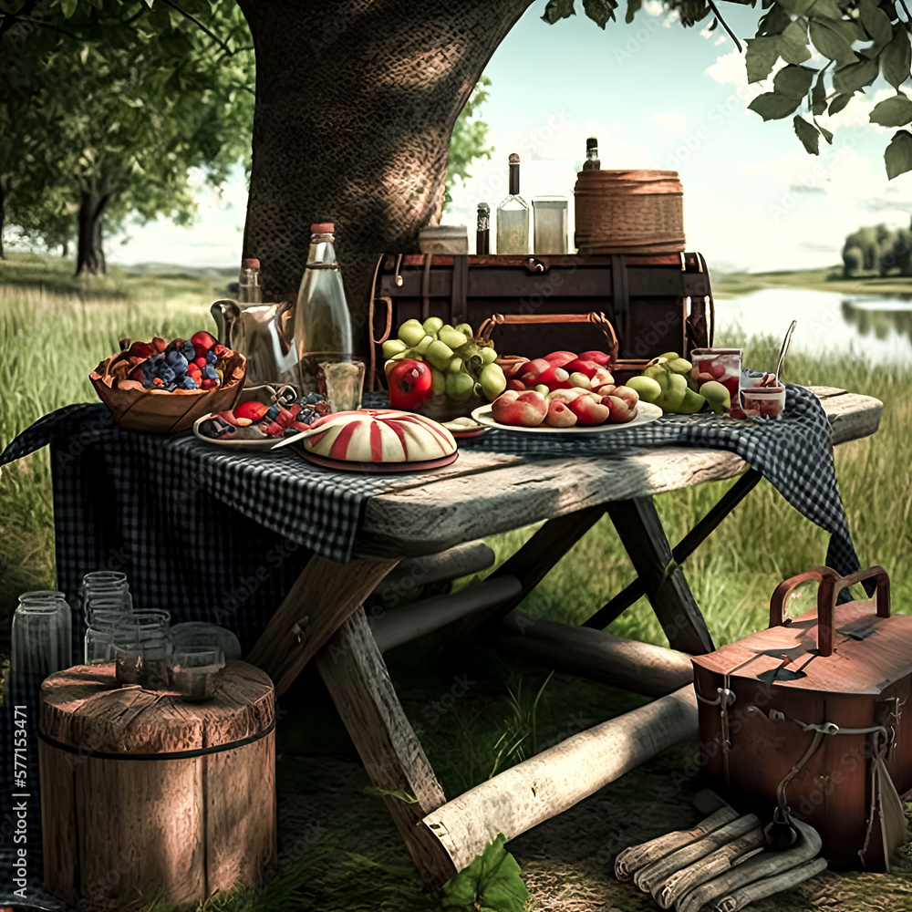 Poster an empty picnic table sits in a grassy field, its red and white checkered cloth fluttering in the wi