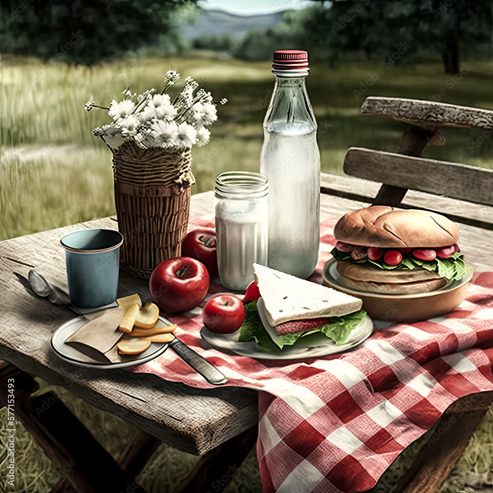 Poster a rustic picnic table sits in the middle of a lush meadow, surrounded by wildflowers and the sounds 