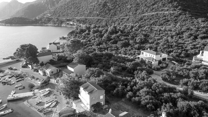 aerial view of the coast and small port