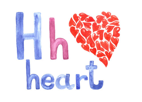 Aquarelle letter H for written word "heart", pictured book, card for education.Watercolor hand drawn illustrated painted kids alphabet of english language.Isolated