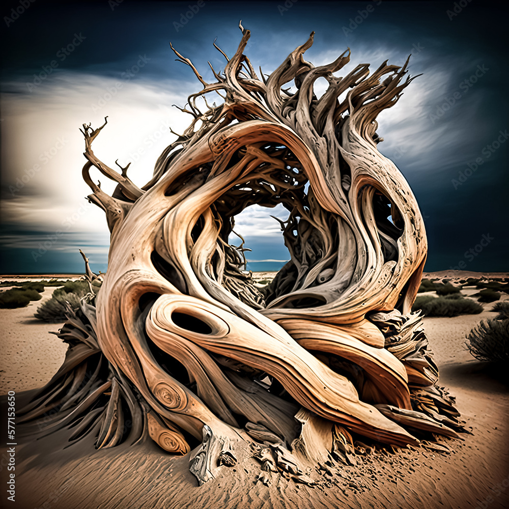 Poster twisted driftwood forms an intriguing abstract sculpture - generative ai.