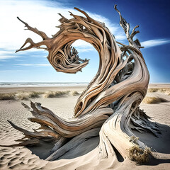 Twisted driftwood pieces are carefully arranged, creating an intricate and mesmerizing sculpture - generative ai. - obrazy, fototapety, plakaty