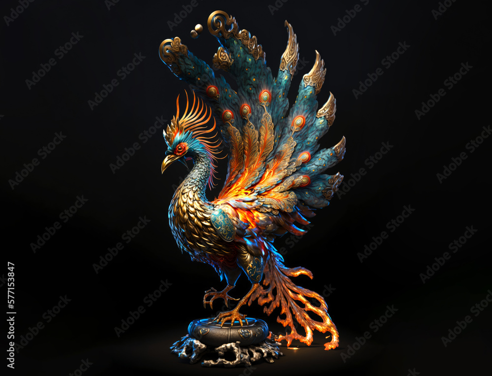 Poster generative ai illustration of a phoenix in the form of a king of bird