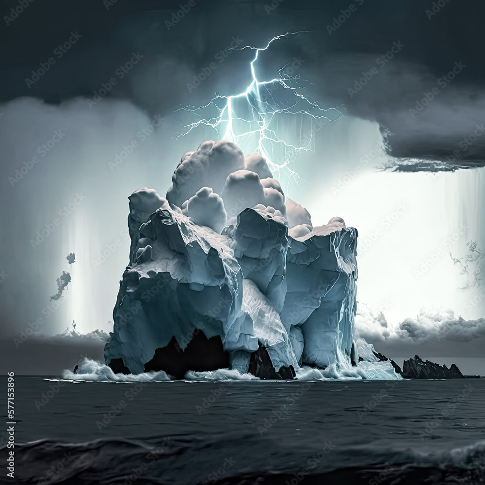 Poster a massive iceberg illuminated by a streak of lightning, framed by dark clouds - generative ai.