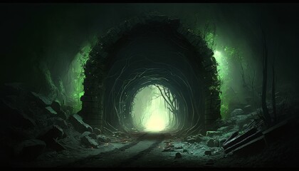 Dark tunnel in the forest. Generative AI