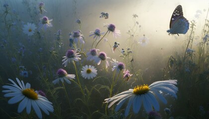 Flower meadow with daisies and butterfly at sunrise. Generative AI