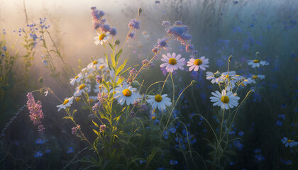Obraz na płótnie Canvas Wildflowers in the meadow at sunrise. Summer landscape. Generative AI