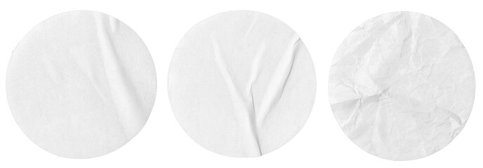 Set of Blank white Round Labels isolated. Crumpled paper piece. Template mockup