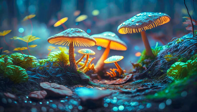 bioluminescent, psychedelic, mushrooms  - Generative AI