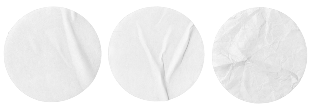 Set of Blank white Round Labels isolated. Crumpled paper piece. Template mockup