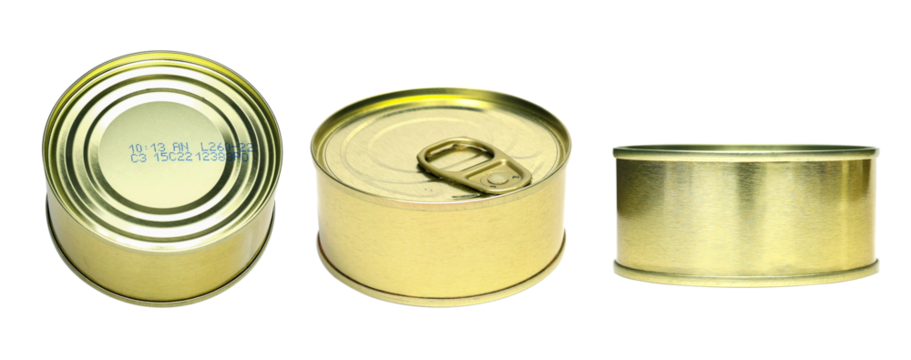 Set of Preserve food canned shoot in difference anger, side and top view. Golden metal round tin cans for food can mock up. Food can with blank label isolated on white.