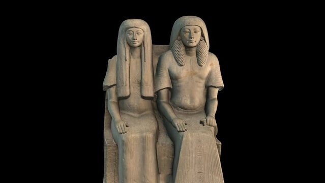 Seated statue of Maya and Meryt - rotation zoom-in- 3d animation model on a black background