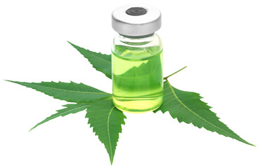 Medicinal neem leaves with a vial