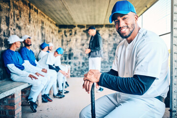 Baseball team, portrait and man from Dominican Republic smile of a player in sports dugout....