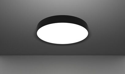Modern round ceiling lamp, overhead electric light 3d render. Realistic interior room with black metal cylinder chandelier at night, luminaire for home or office on dark background