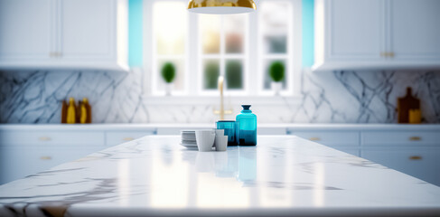 Modern empty marble table top on blurry kitchen room interior background. for montage product display. digital art	