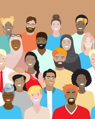 Diverse adult people, young smiling men, women standing together in crowd. Flat vector, boarder seamless pattern. International community,  Multiethnic group of students. Cultural, religion equality. 