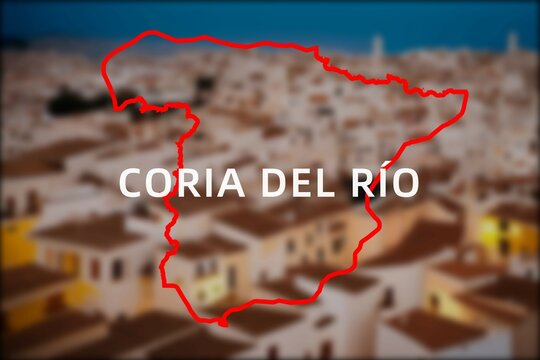 Coria del R&iacute;o: Der Name der spanischen Stadt Coria del R&iacute;o in der Region Andalusia vor einem Hintergrundbild