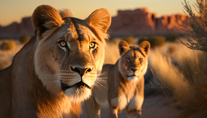 Fototapeta premium Deux lionnes de profils dans la savane au coucher du soleil
