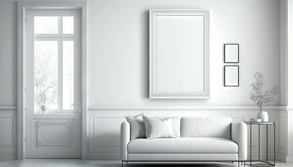 a blank frame on a white wall mockup, interior of a room, sofa and plants and frame in a modern room