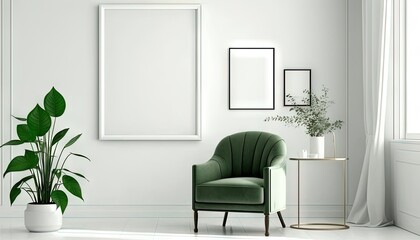 Fototapeta na wymiar a blank frame on a white wall mockup, interior of a room, sofa and plants and frame in a modern room