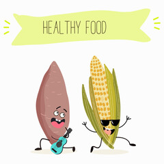 Illustration with funny characters cabbage, red cabbage. Funny and healthy food. Vitamins, cute face food, ingredients, vegetarianism, vector cartoon, antioxidant.