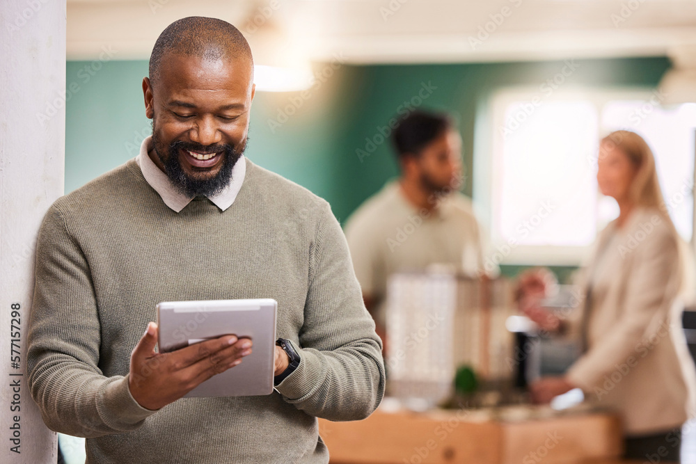 Poster black man, scroll tablet and smile at startup, digital device and happiness with tech, communication