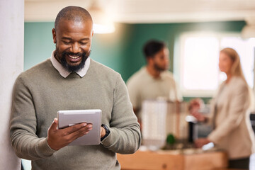 Black man, scroll tablet and smile at startup, digital device and happiness with tech,...