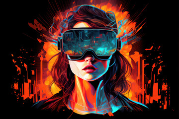 Generative AI illustration of futuristic cyberpunk young woman with long hair and VR goggles exploring cyberspace with a bright orange flame on her head on a black background.