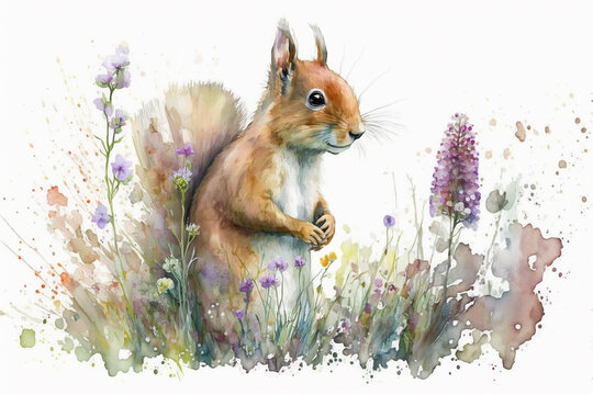 Watercolor painting of a cute squirrel in a colorful flower field. Ideal for art print, greeting card, springtime concepts etc. Made with generative AI. 